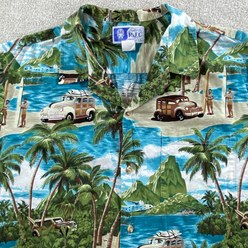 RJC Hawaiian Shirt Mens 2XL Green Woody Wagon Tropical Surf Island Made in USA